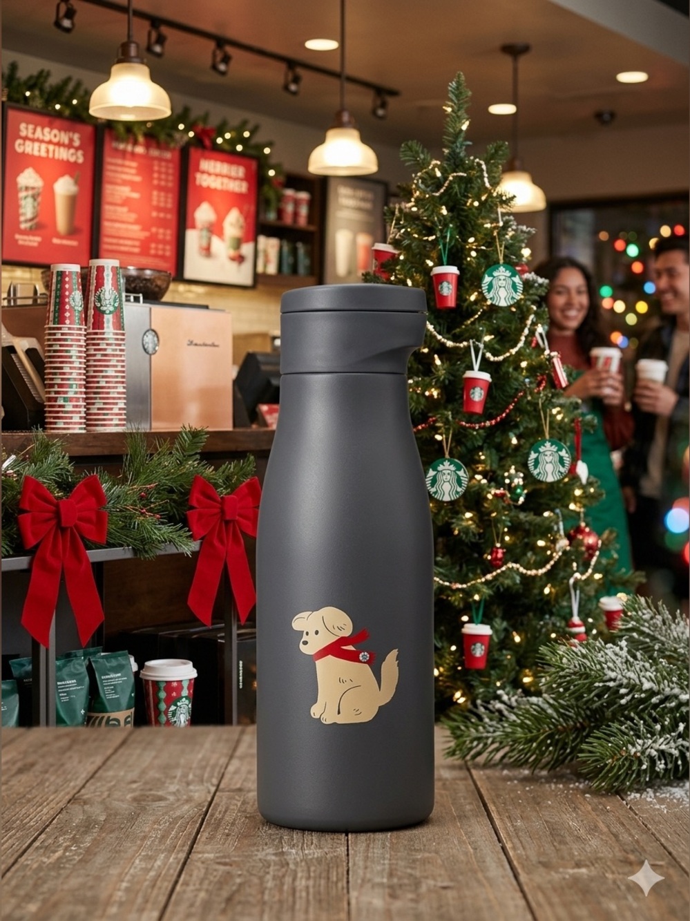 NWT Starbucks Gray Stainless Steel Water Bottle Tumbler Puppy Dog Scarf 14 oz
